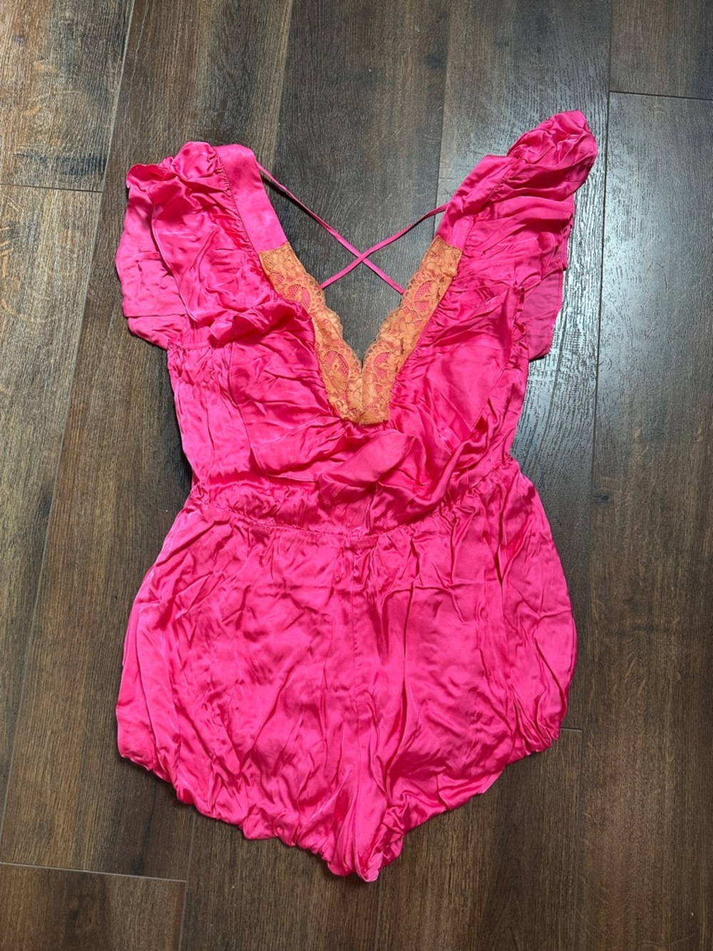 Anthropologie Hot Pink Romper with Orange Lace Trim